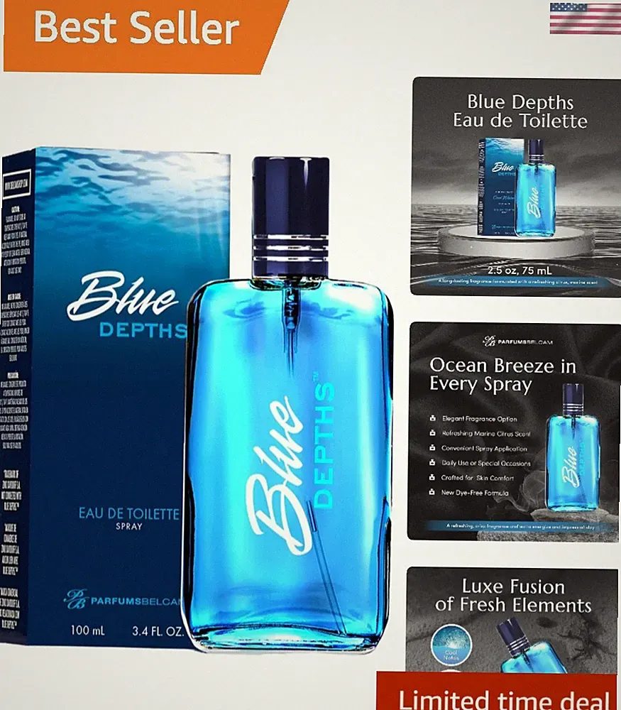 Blue Depths Eau de Toilette - 2.5 Fl Oz Aquatic Cologne for Men - Day & Night