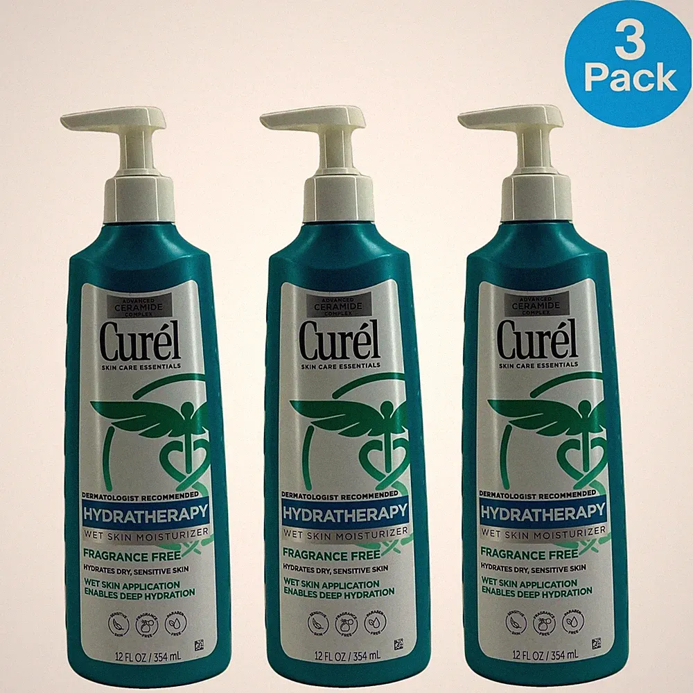 Curél HydraTherapy Wet Skin Moisturizer Fragrance Free 12oz 3 Pack Bundle