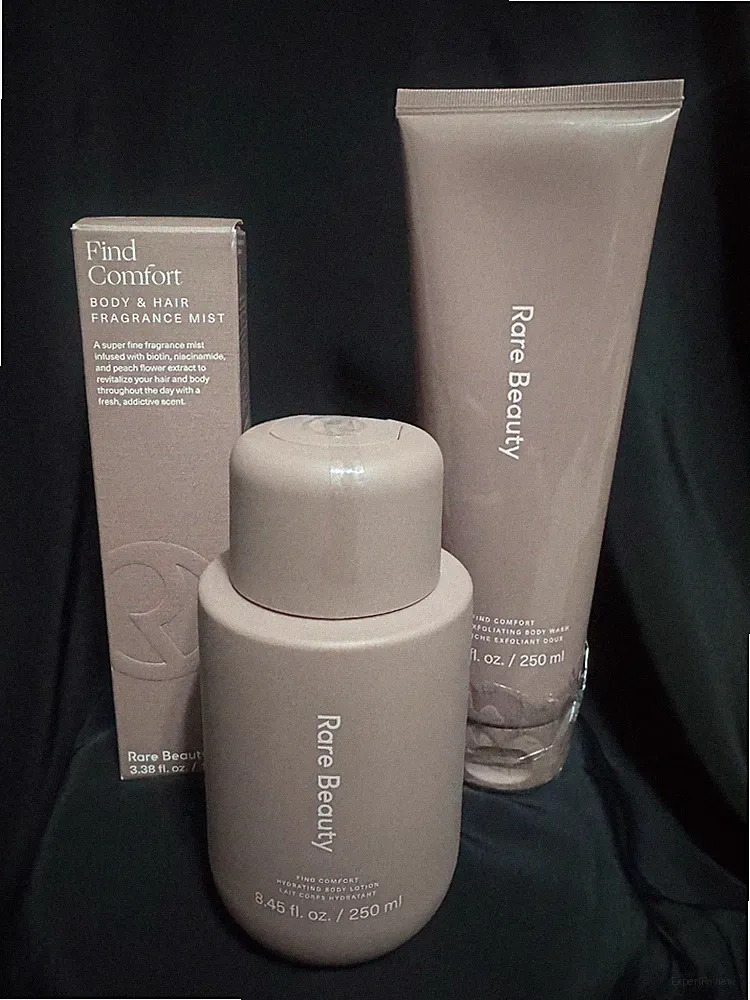 Rare Beauty Body & Hair mist, exfoliating body wash, and body lotion